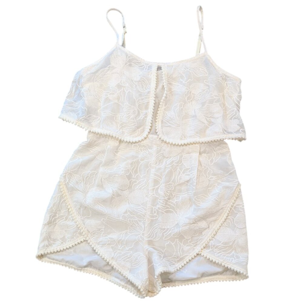 BEBE Nwt Embroidered Pom Pom Tulip Romper 10 Split Front Spaghetti Strap Bridal
